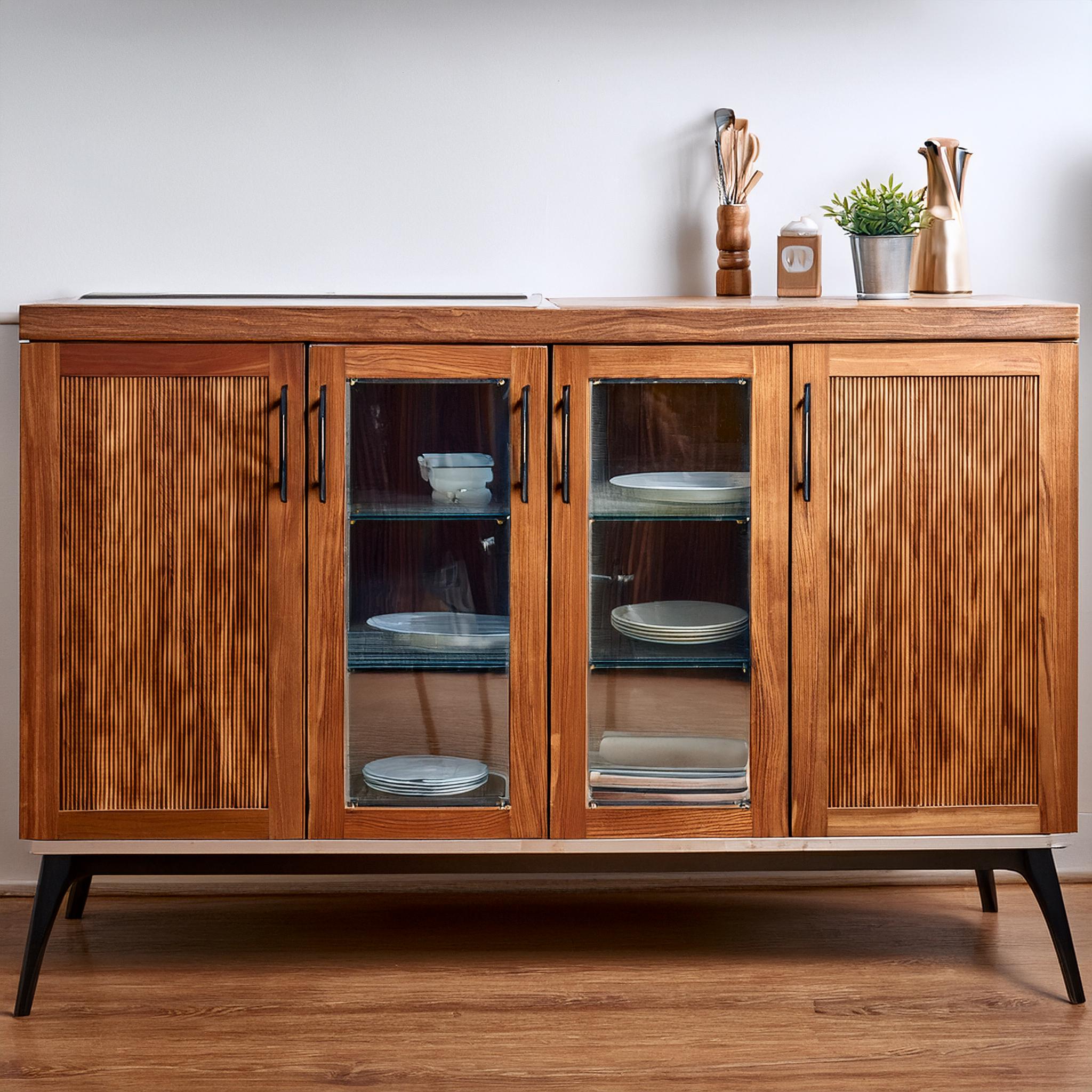 Buffet de cuisine en teck avec portes vitrées