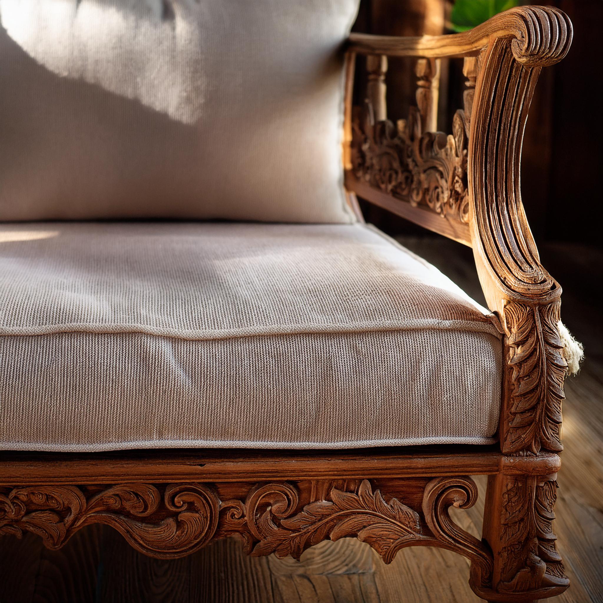 Canapé en bois sculpté avec assises en coton – Image 2