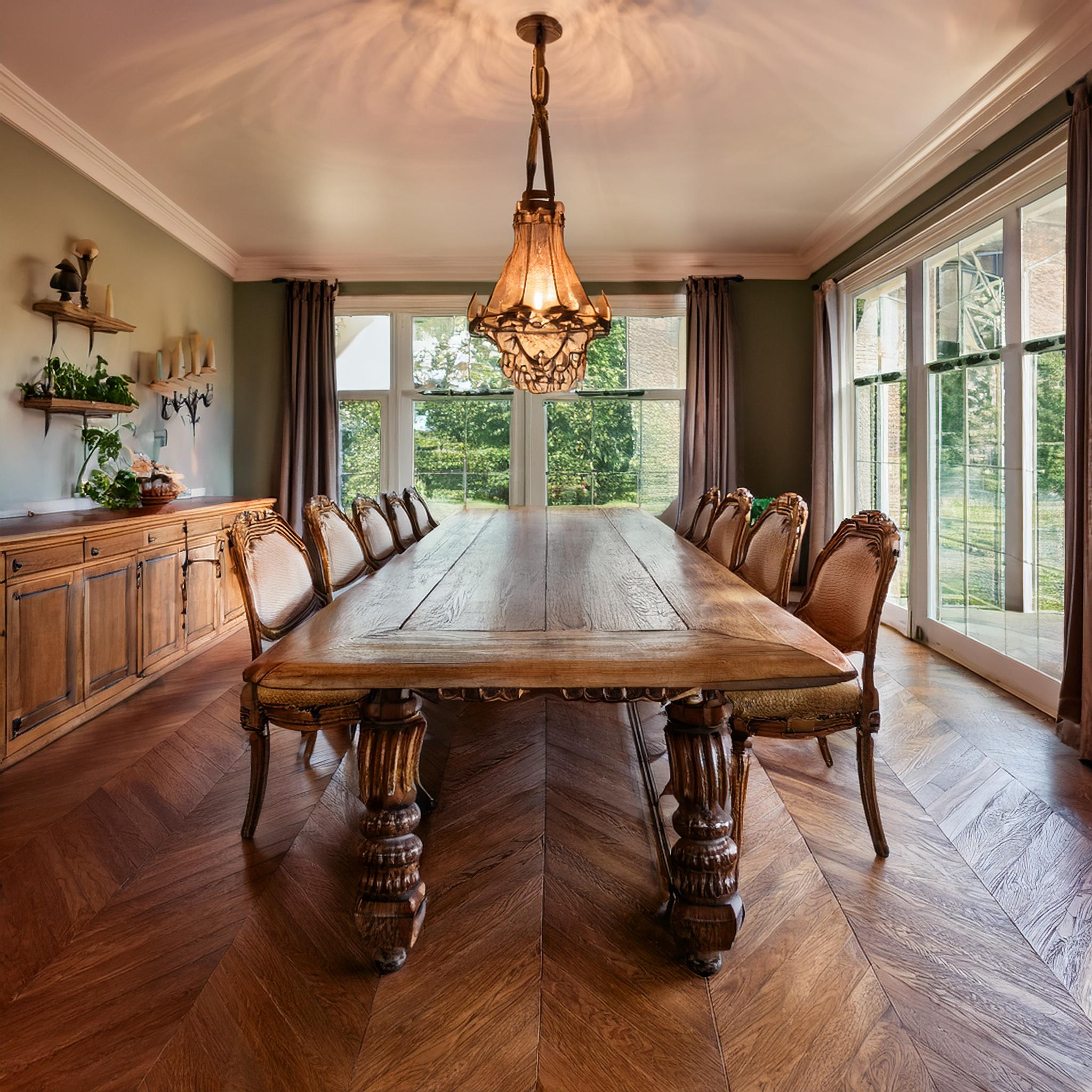 Grande table à manger en chêne avec pieds sculptés