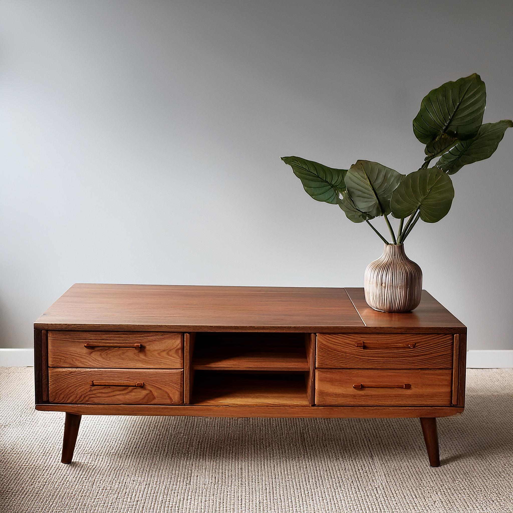 Table basse en noyer avec tiroirs intégrés